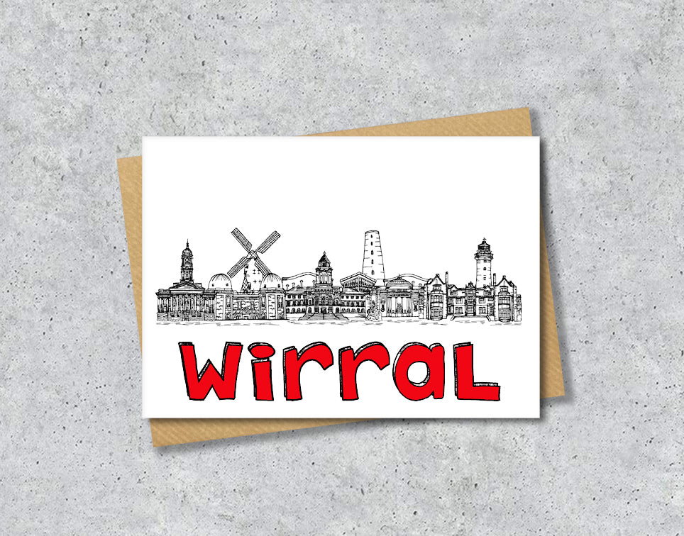 Wirral Skyline, Black, White and Red A6 Card