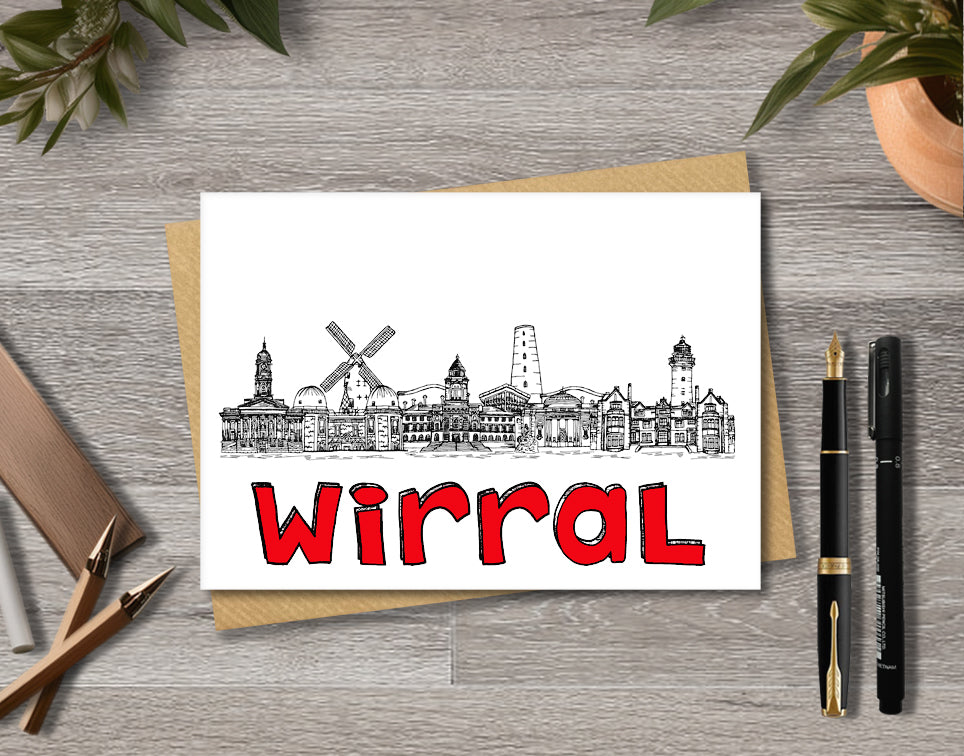 Wirral Skyline, Black, White and Red A6 Card
