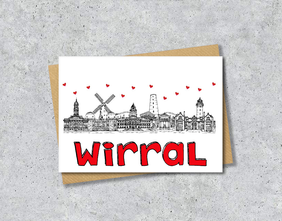 Wirral Skyline, Black, White and Red A6 Card