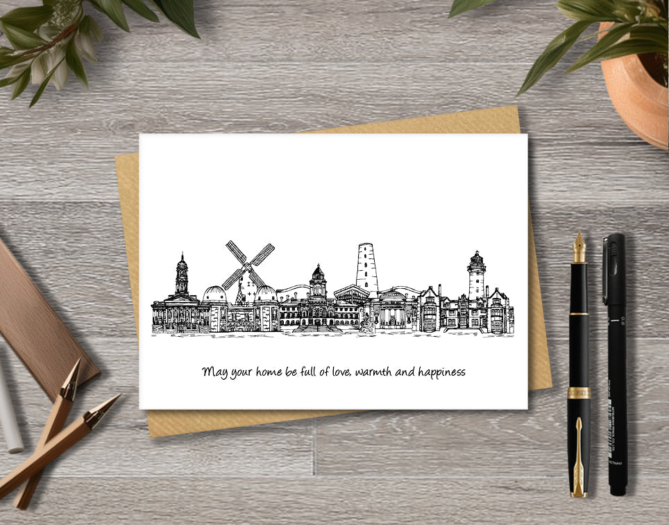 Wirral Skyline Housewarming Card, Black and White A6 Card