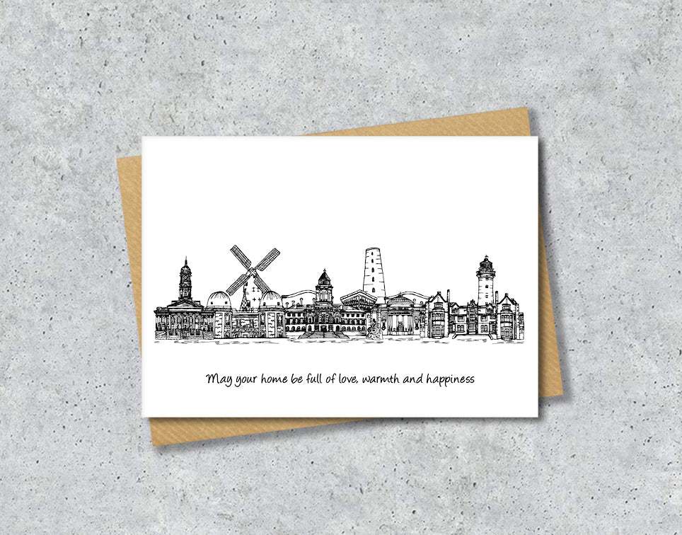 Wirral Skyline Housewarming Card, Black and White A6 Card