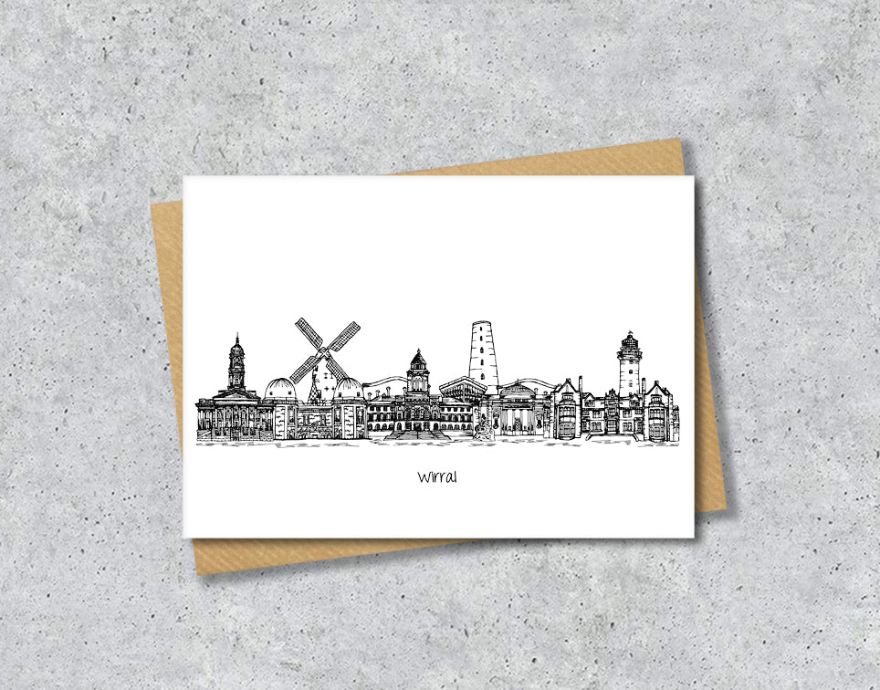 Wirral Skyline Housewarming Card, Black and White A6 Card