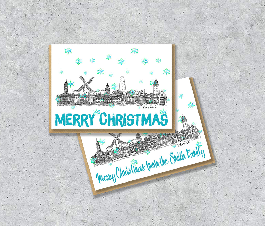 Wirral Skyline Christmas Card, A5 Personalised Xmas Family Card