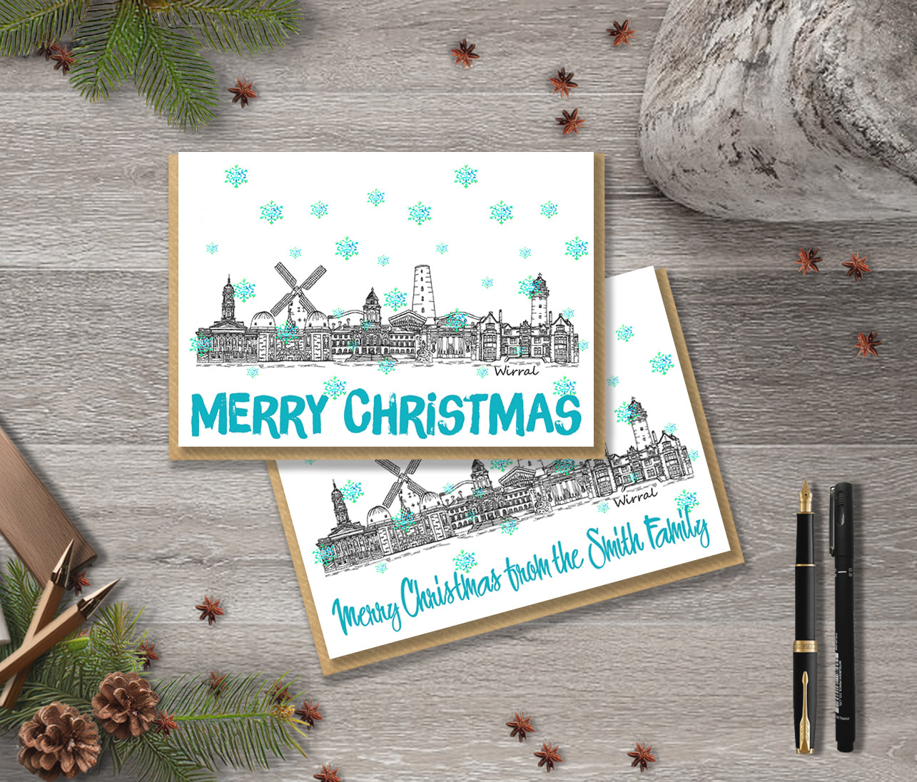 Wirral Skyline Christmas Card, A5 Personalised Xmas Family Card