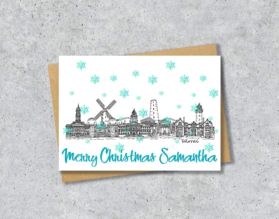 Wirral Skyline Christmas Card, A5 Personalised Xmas Family Card