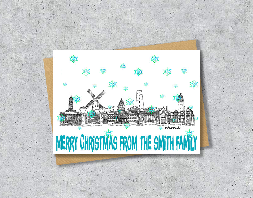 Wirral Skyline Christmas Card, A5 Personalised Xmas Family Card