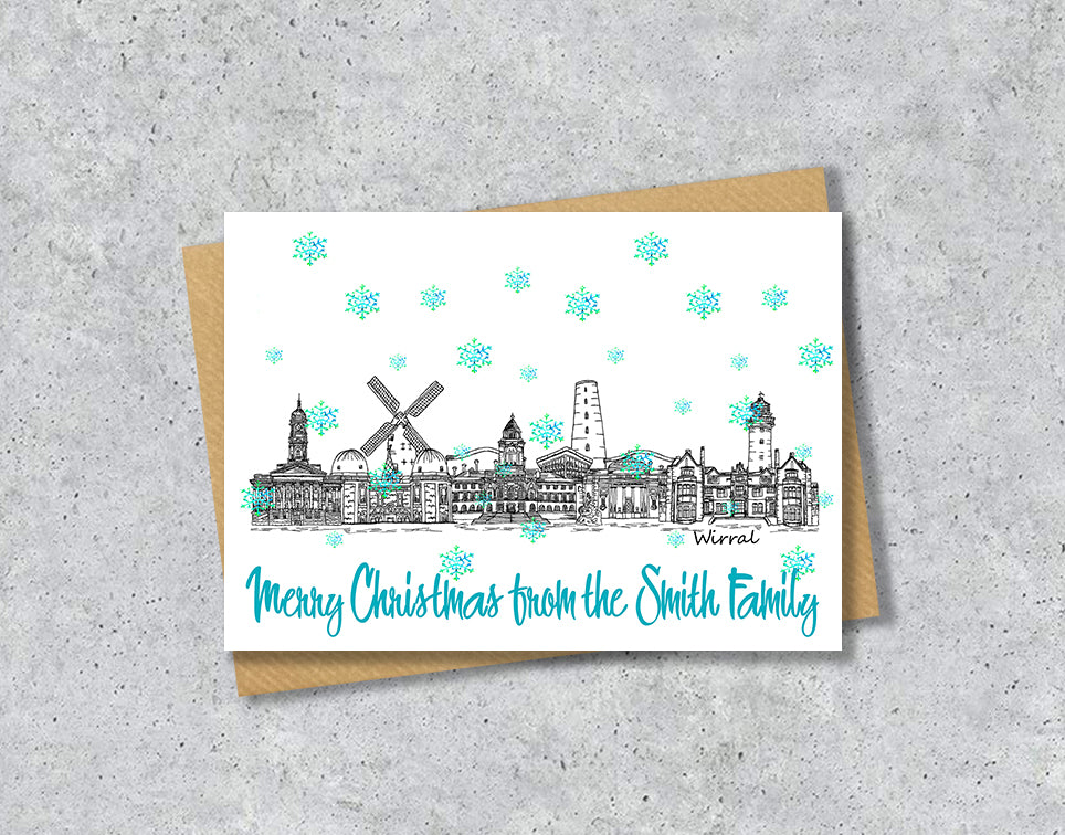 Wirral Skyline Christmas Card, A5 Personalised Xmas Family Card