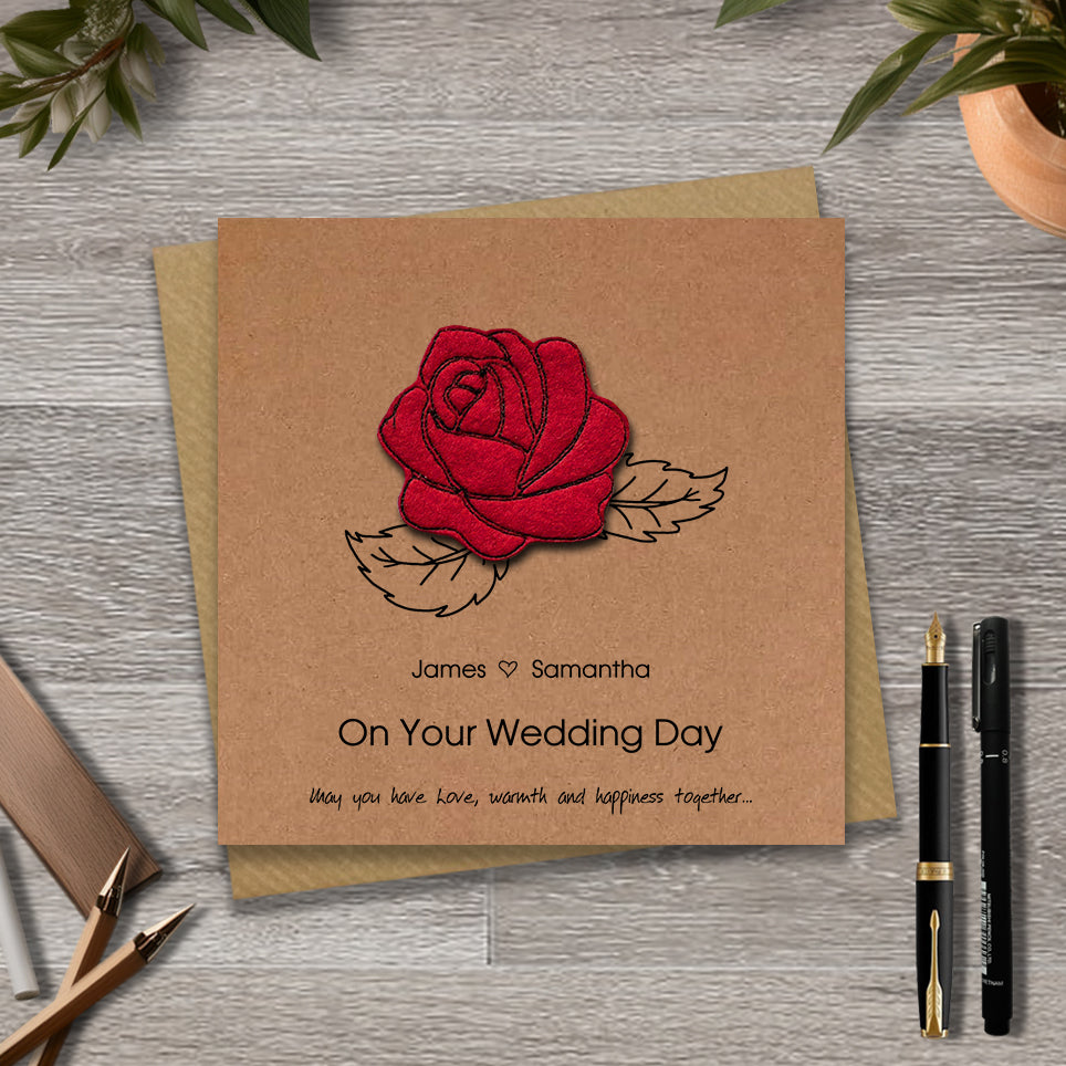 Kraft wedding card with a embroidered rose design and personalised text