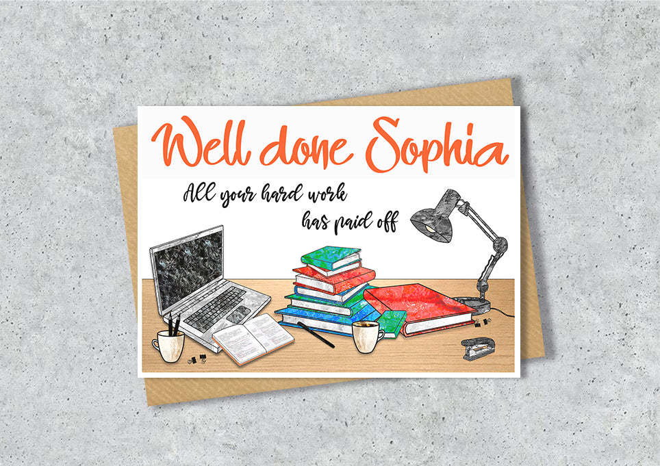 Greeting card with 'Well done Sophia' text and a illustration of a desk with books, laptop, and lamp.