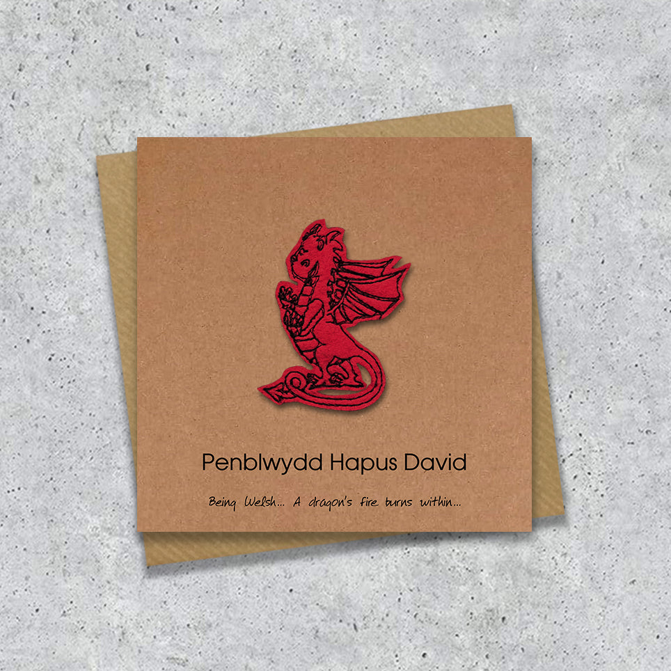 Kraft Welsh greeting card with embroidered red dragon design and personalised  Welsh text