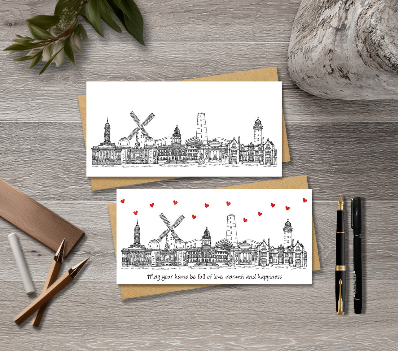 Wirral Skyline Housewarming Card, Personalised, Wirral landmarks, Black White, Red Hearts