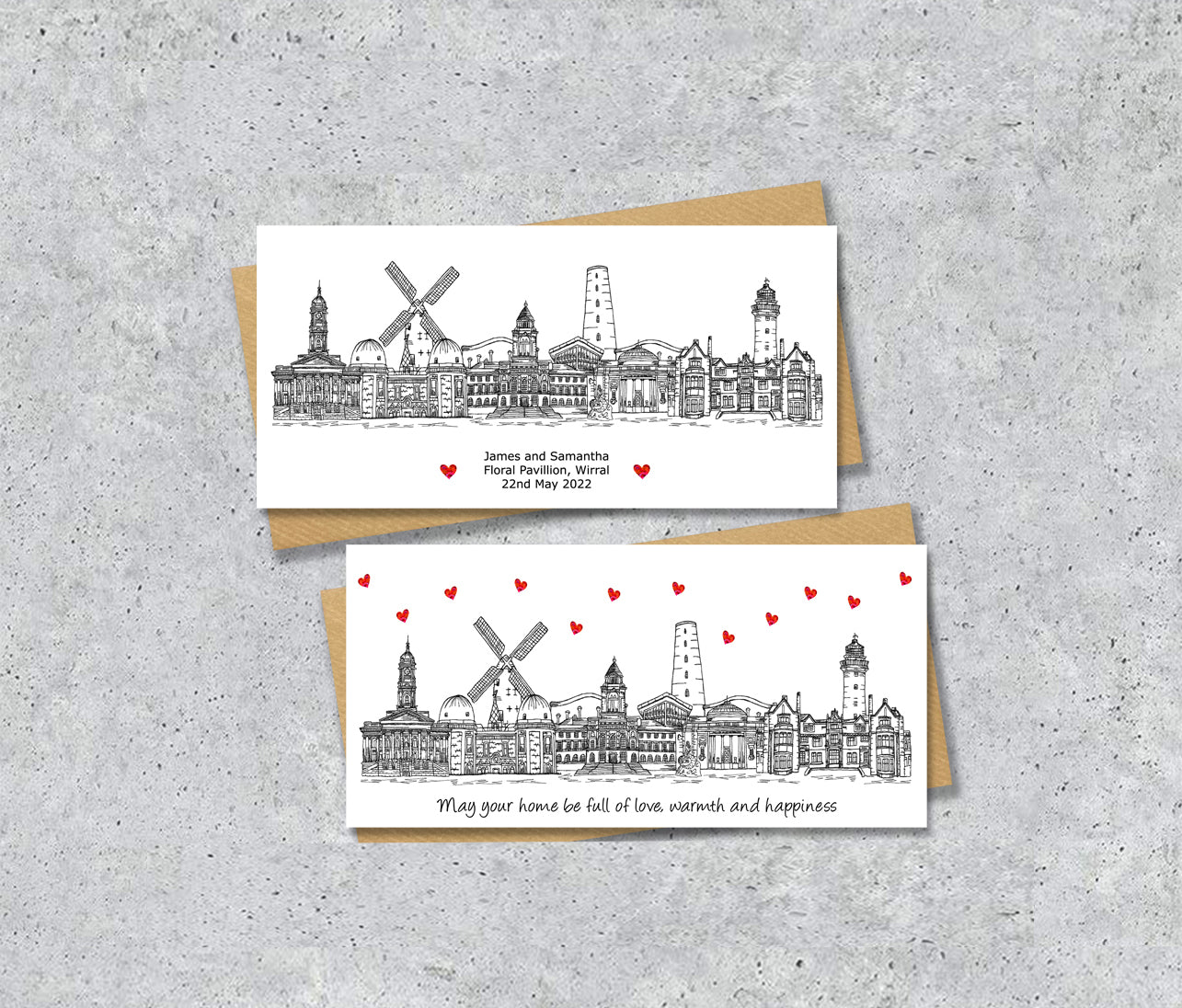 Wirral Skyline Housewarming Card, Personalised, Wirral landmarks, Black White, Red Hearts