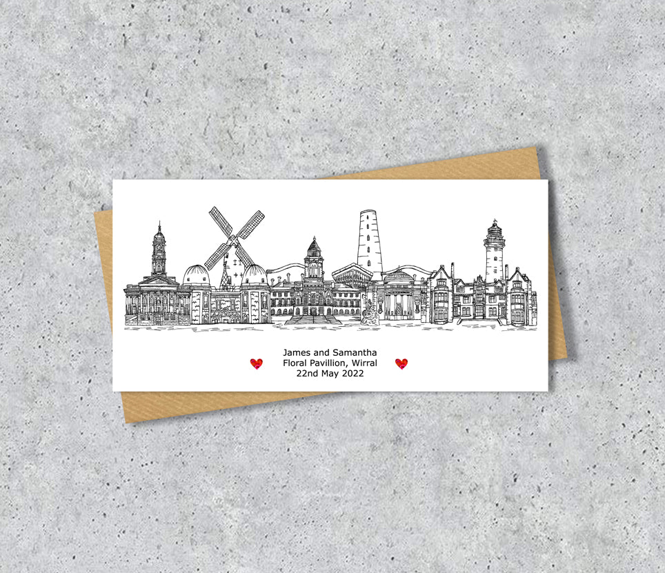 Wirral Skyline Housewarming Card, Personalised, Wirral landmarks, Black White, Red Hearts
