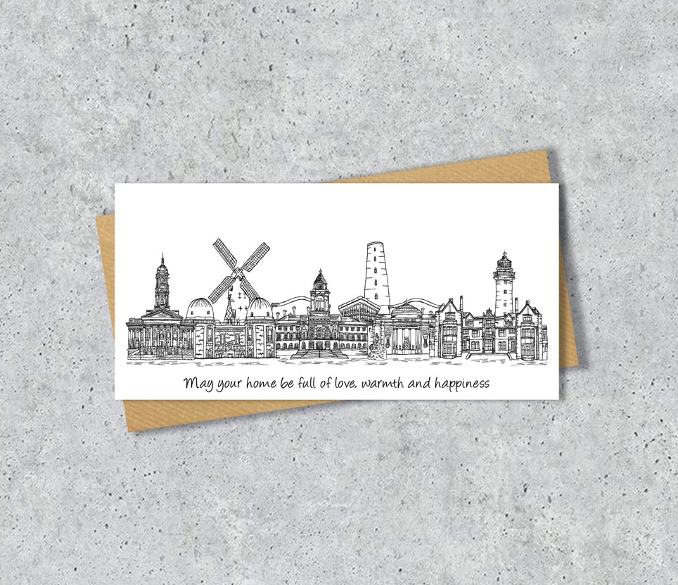 Wirral Skyline Housewarming Card, Personalised, Wirral landmarks, Black White, Red Hearts