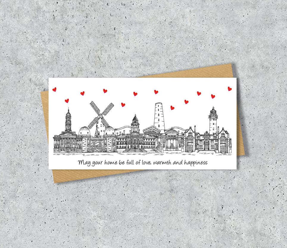 Wirral Skyline Housewarming Card, Personalised, Wirral landmarks, Black White, Red Hearts