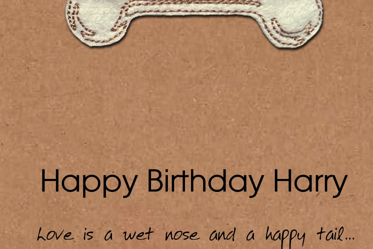 Personalised Dog Bone Birthday Card, Embroidered Decal, Minimalist Design, Kraft Eco Friendly Gift Card