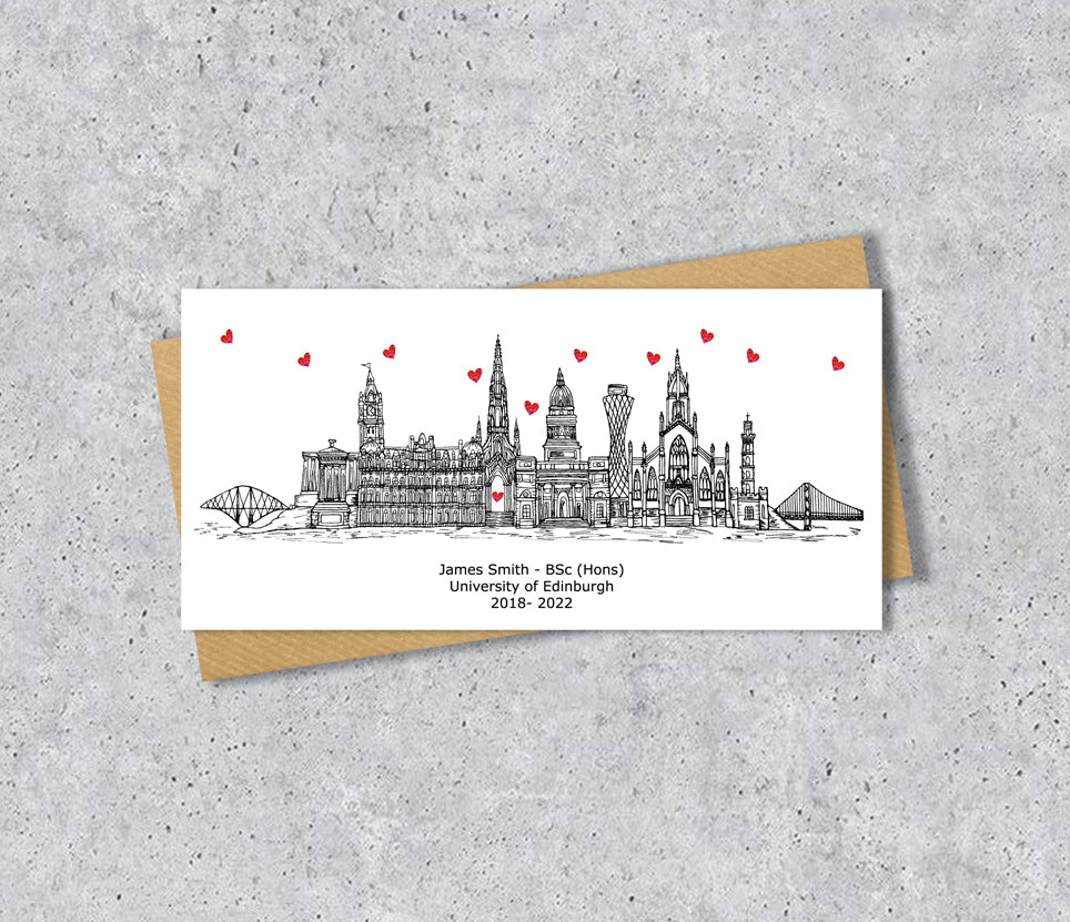 Edinburgh Skyline Graduation or Housewarming Card, Personalised, Edinburgh landmarks, Black White, Red Hearts