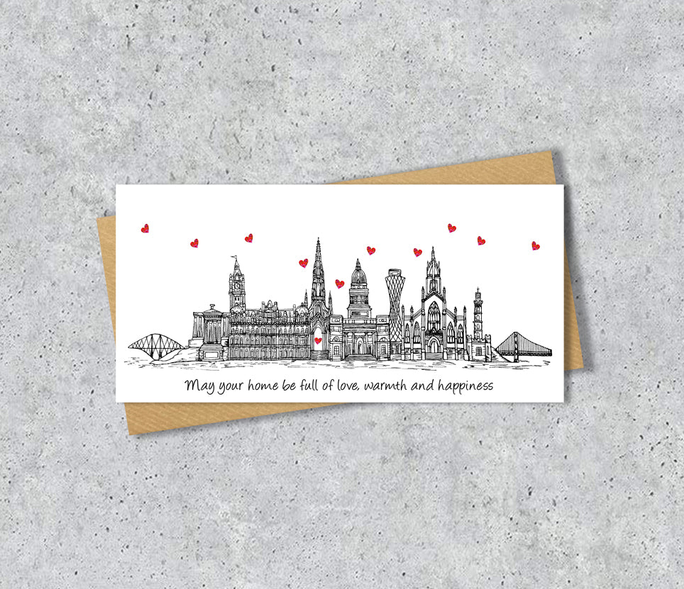 Edinburgh Skyline Graduation or Housewarming Card, Personalised, Edinburgh landmarks, Black White, Red Hearts