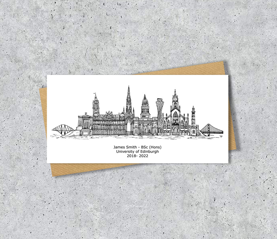 Edinburgh Skyline Graduation or Housewarming Card, Personalised, Edinburgh landmarks, Black White, Red Hearts