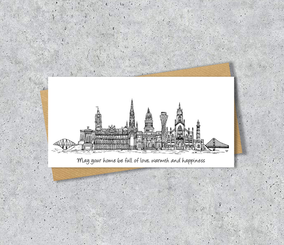Edinburgh Skyline Graduation or Housewarming Card, Personalised, Edinburgh landmarks, Black White, Red Hearts