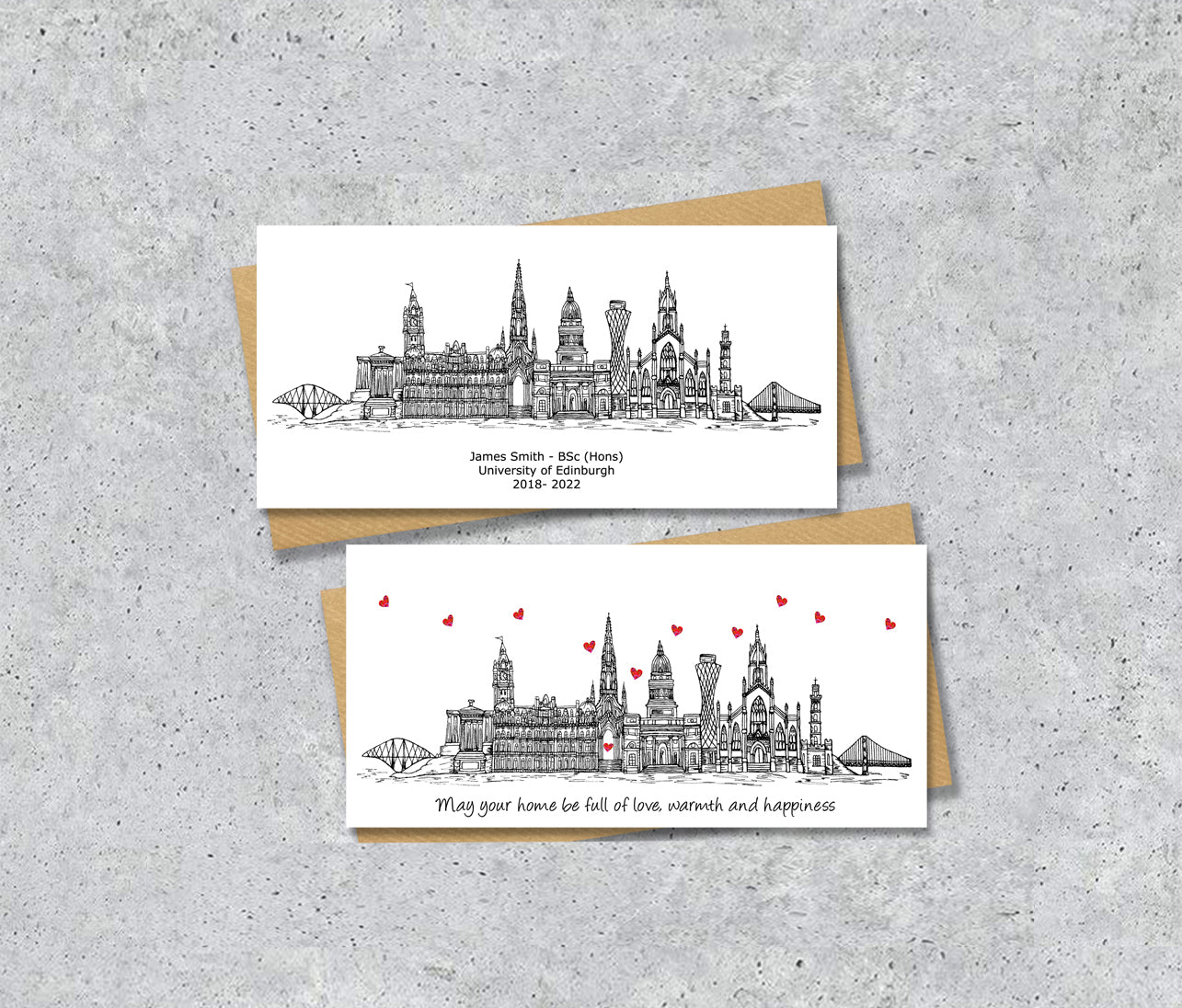 Edinburgh Skyline Graduation or Housewarming Card, Personalised, Edinburgh landmarks, Black White, Red Hearts