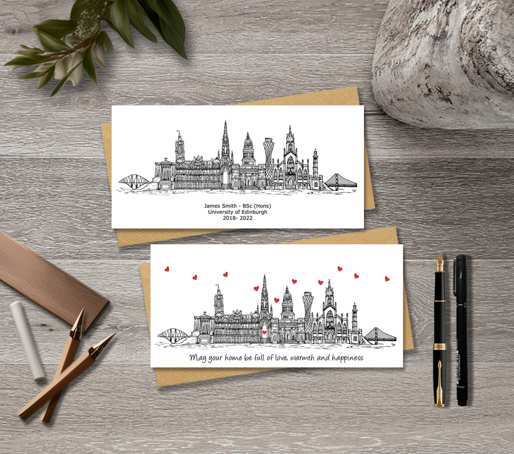 Edinburgh Skyline Graduation or Housewarming Card, Personalised, Edinburgh landmarks, Black White, Red Hearts