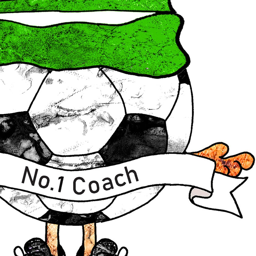 Green and White Football Team Birthday Card, No.1 Coach, No.1 Fan, Personalised A5 Card