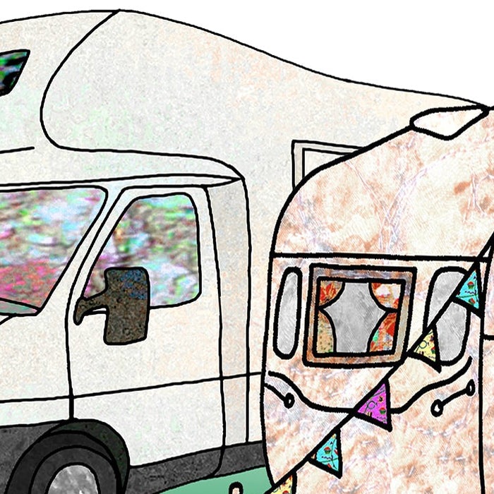 A5 Motorhome and Retro Caravan Birthday Personalised Card, Safe Journey, Happy Camping