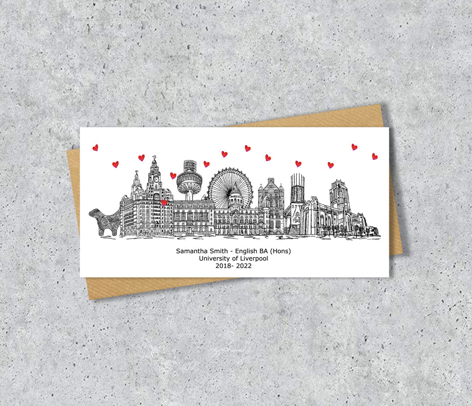 Liverpool Skyline Graduation or Housewarming Card, Personalised, Liverpool landmarks, Black White, Red Hearts