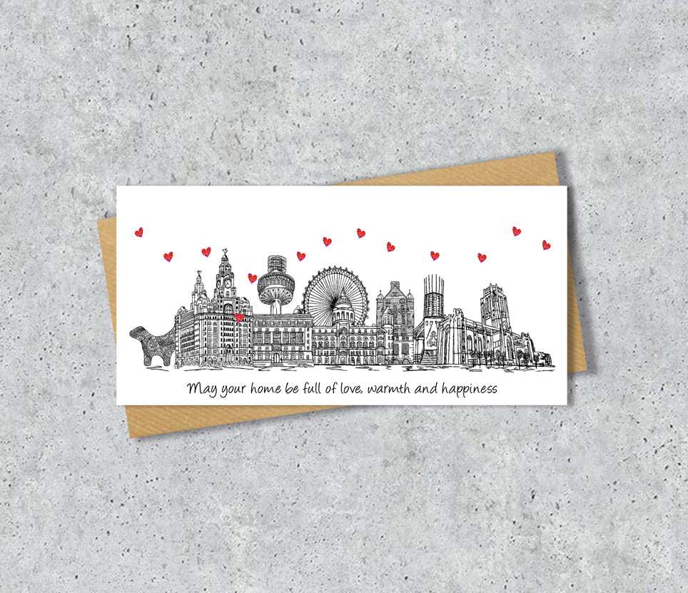 Liverpool Skyline Graduation or Housewarming Card, Personalised, Liverpool landmarks, Black White, Red Hearts