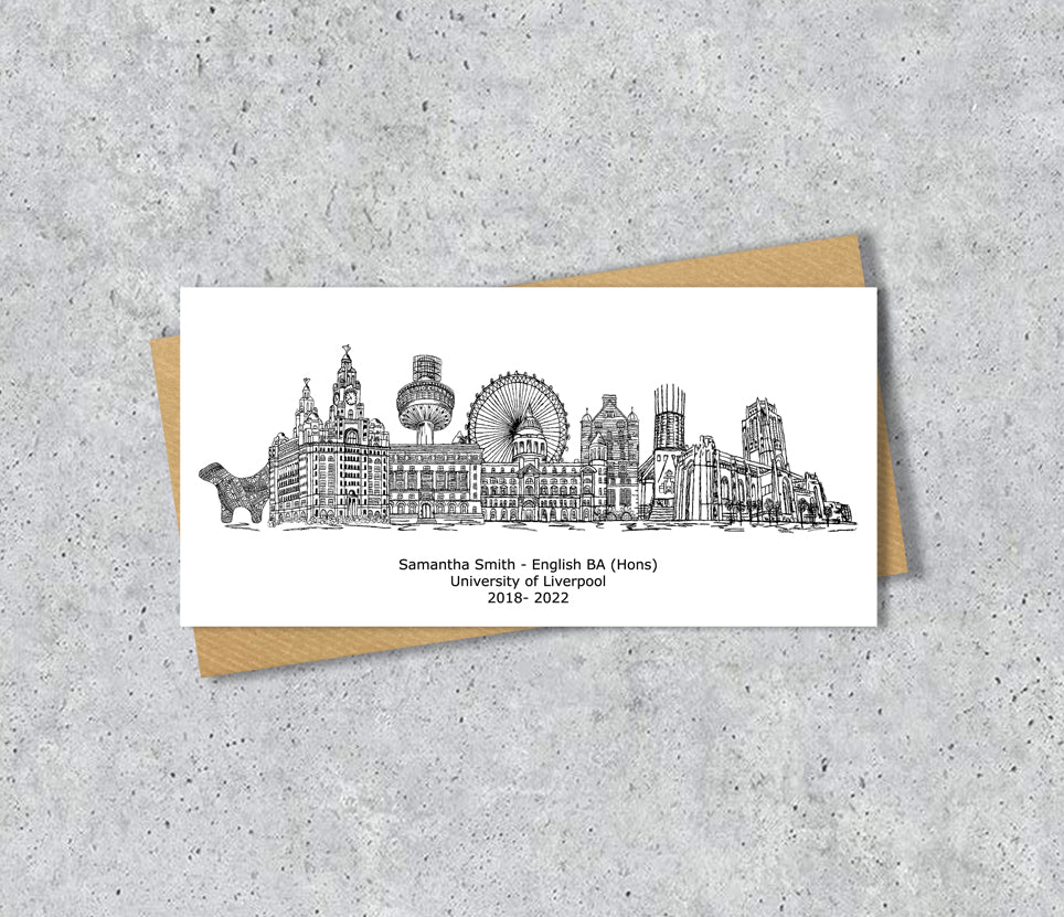 Liverpool Skyline Graduation or Housewarming Card, Personalised, Liverpool landmarks, Black White, Red Hearts