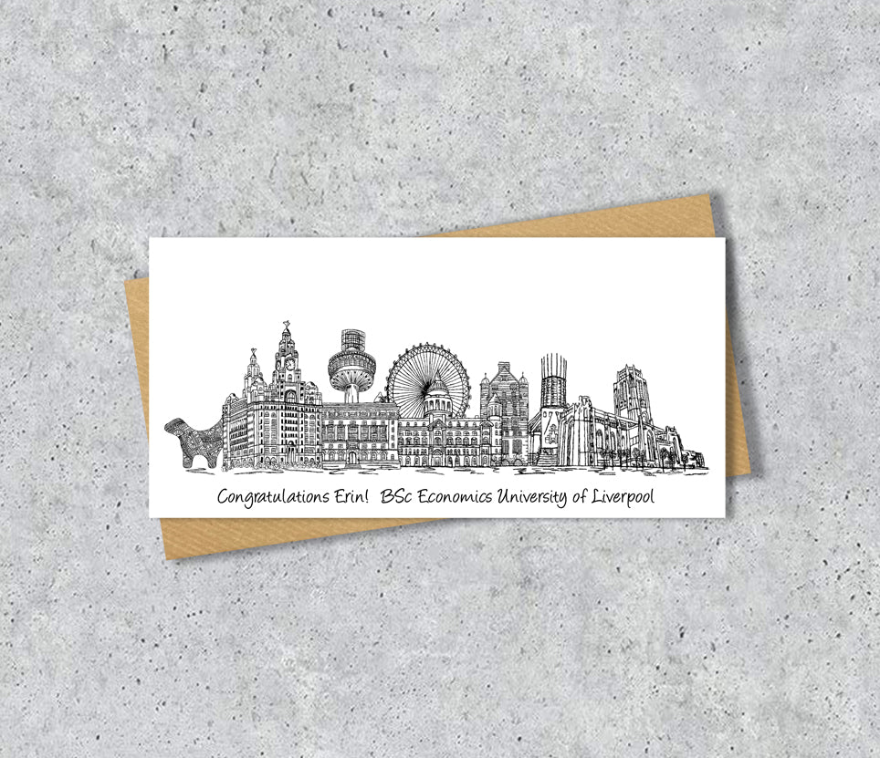Liverpool Skyline Graduation or Housewarming Card, Personalised, Liverpool landmarks, Black White, Red Hearts
