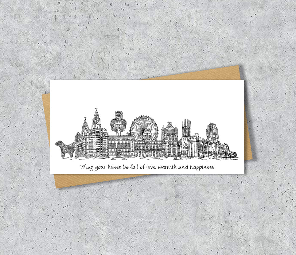 Liverpool Skyline Graduation or Housewarming Card, Personalised, Liverpool landmarks, Black White, Red Hearts