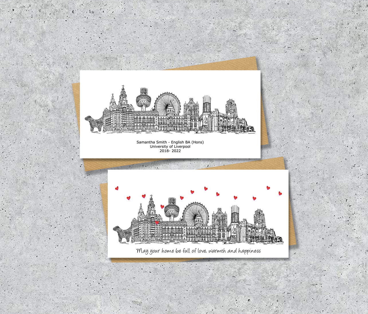 Liverpool Skyline Graduation or Housewarming Card, Personalised, Liverpool landmarks, Black White, Red Hearts