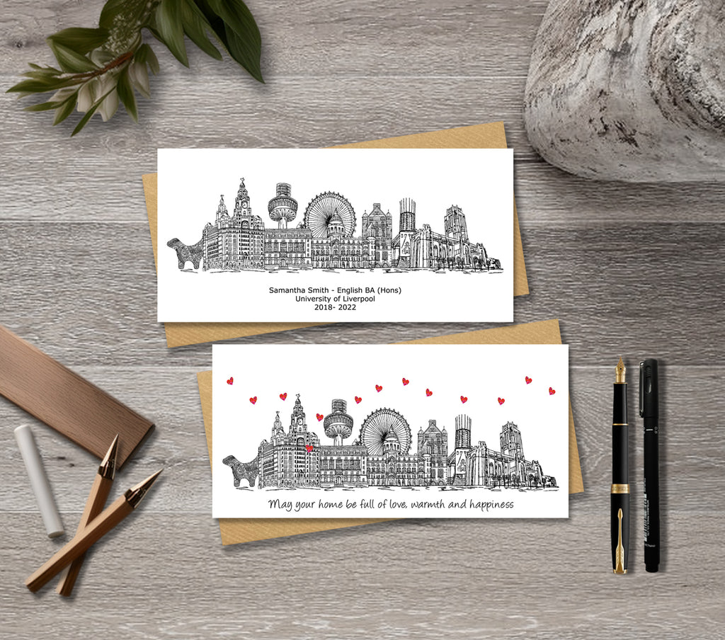 Liverpool Skyline Graduation or Housewarming Card, Personalised, Liverpool landmarks, Black White, Red Hearts