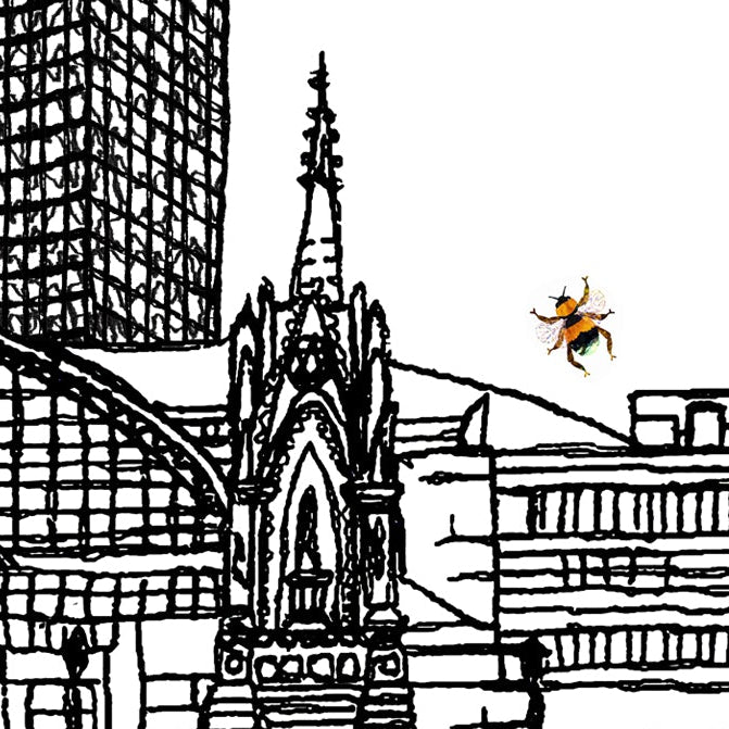 Manchester Bee Skyline Graduation or Housewarming Card, Personalised, Manchester landmarks, Black White, Red Hearts