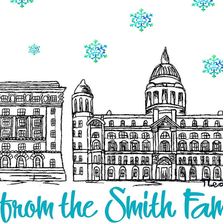 Everton Three Graces Christmas Card, Blue Hat, A5 Personalised Gift Card