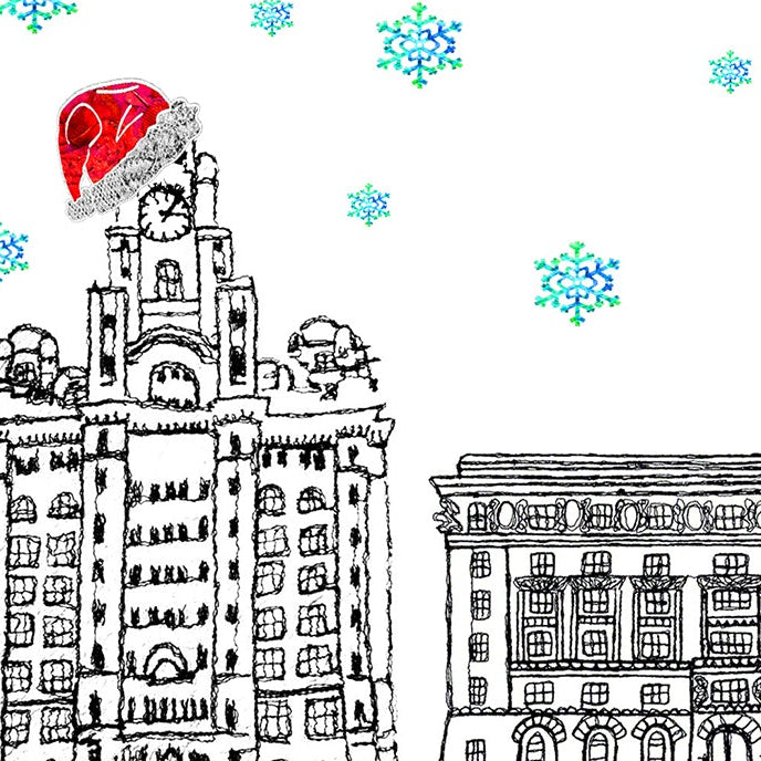 Liverpool Three Graces Christmas Card, Red Hat, A5 Personalised Gift Card