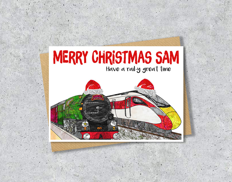Train Christmas A5 Card, Personalised Rail Enthusiast Retro Xmas Card